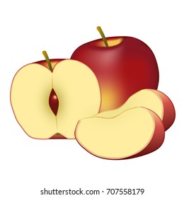 The apple "Gala" with its beautiful red and yellow color.
An apple with appetizing colors and delicious for the sweetness of its flesh. Represented here whole, cut in two and in quarter.