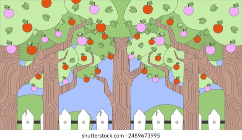 Apple garden cartoon flat illustration. Organic food producing. Fruit trees harvesting 2D line landscape colorful background. Agricultural industry and gardening scene vector storytelling image