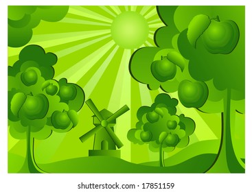 Apple garden with mill, background in green, vector illustration