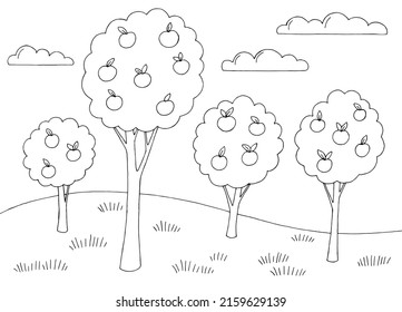 Simplicidad del jardín de Apple gráfico paisaje blanco negro ilustración vector