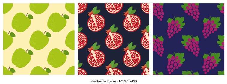 Apple, garnet and grapes. Fruit seamless pattern set. Fashion design. Food print for clothes, linens or curtain. Hand drawn vector sketch background collection. Exotic product