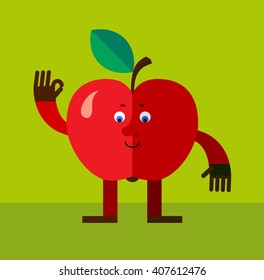 Apple gesturing okay. Flat style vector illustration. Funny cartoon character for agriculture or food design