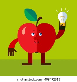 Apple get the idea holding bulb. Flat style vector illustration. Funny cartoon character for agriculture or food design