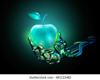 Apple. Glass Apple In A Hand Of A Cyborg. Vector Illustration. Hitech Nano Technology 