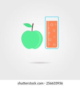 apple and glass of orange juice with shadow. concept of dietary fitness meals, cooking, antioxidant, smoothie, invalid food, drinking dessert. flat style trendy modern logo design vector illustration