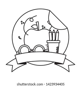 apple glasses pencils school supplies teacher day sticker vector illustration