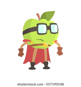 Apple In Glasses Wearing Cape Superhero Costume, Part Of Fruits In Fantasy Disguises Series Of Cartoon Silly Characters