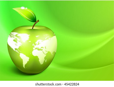 Apple Globe on Green Wave Background Original Vector Illustration EPS10