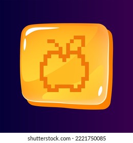 Apple glossy ui button with pixelated icon. Online grocery service. Editable 8bit graphic element on shiny square shape. Isolated vector user interface image for web, mobile. Retro style game design