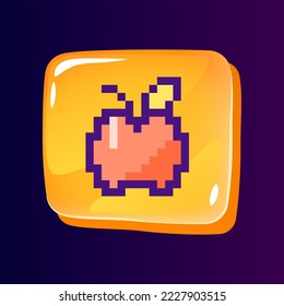 Apple glossy ui button with pixelated color icon. Order fresh fruits. Online grocery service. Editable 8bit graphic element on shiny glass rectangle shape. Isolated image for arcade, video game design