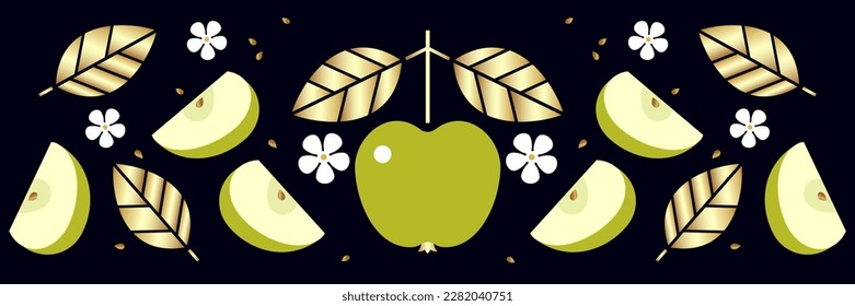 Apple, gold leaves and small flowers on black background. Border or frieze. Fresh fruit. 