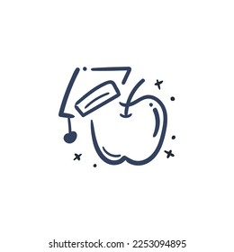 Apple and graduation hat line icon. Education doodle drawing vector illustration