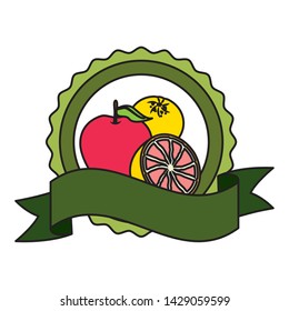 apple grape fruit tropical fruits badge ribbon vector illustration