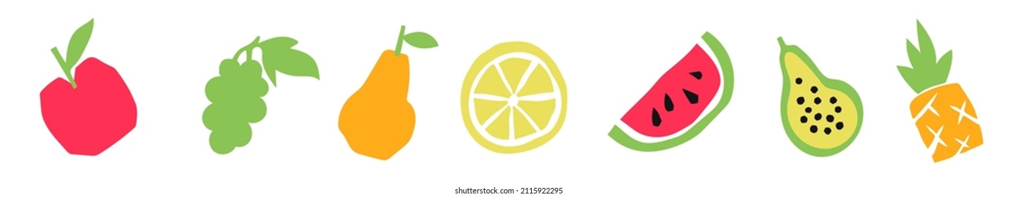 Apple, grape, pear, lemon slice, watermelon, papaya and pineapple. Colorful cutouts fruits and berries bundle. Shape colored cardboard or paper. Funny childish applique