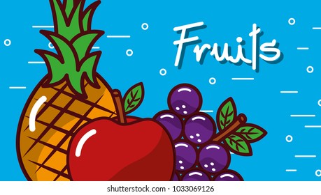 apple grape pineapple fruits blue background