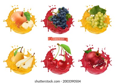 Apple, uvas, pera, cereza, jugo de granada. Frutas y salpicaduras frescas, conjunto de iconos vectoriales 3d realistas