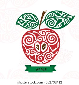 Apple with graphic pattern.  Fruit a symbol of beauty floral ornament decoration. 
