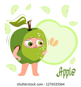 Apple. Green apple
 Fresh juicy green cartoon character-apple. Funny cute apple. Background apple slices with bone