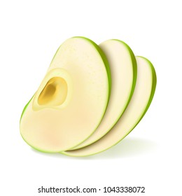 Apple green fruit slice. Realistic 3d sweet dessert ripe food. Healthy juicy summer object, vacation symbol. Fresh vitamin nutrition. Isolated illustration, white background, retail advertising poster