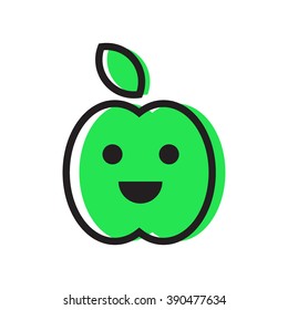 Apple green fruit with smiling face icon flat vector on white background. Funny character