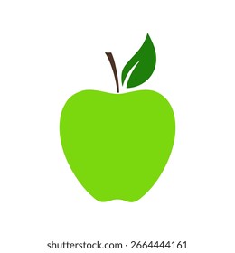 La manzana es verde con una hoja, aislada sobre un fondo blanco. Ilustración gráfica en color simple de una fruta, diseño plano, Vector. Elemento decorativo del fondo, icono, logotipo para la etiqueta, decoración