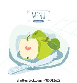 Apple green on a plate. Typography template ?4 format for menu in a restaurant. Fruit, diet, vegetarian. Vector, illustration, flat, art