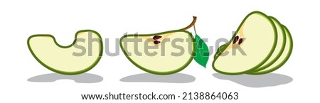 Apple green slices. Sliced vector juicy apple. The fruit lies on a white surface and casts a shadow. Granny Smith