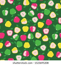 Apple (green yellow and red) seamless repeating pattern background. Flat artwork design style on dark green color