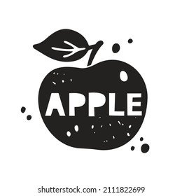 Apple grunge sticker. Black texture silhouette with lettering inside. Imitation of stamp, print with scuffs. Hand drawn isolated illustration on white background