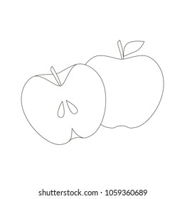 Apple Half and Apple cartoon. Outlined illustration with thin line black stroke