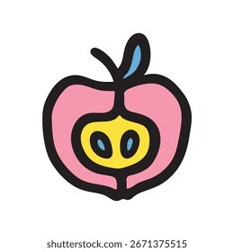 Maçã meio doodle ícone mão desenhado com linha preta em estilo à mão livre e colorido