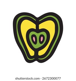 Apfelhälfte doodle Symbol handgezeichnet mit schwarzer Linie im Freihandstil und farbig