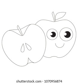 Apple Half funny cartoon. Outlined colorless illustration with thin line black stroke
