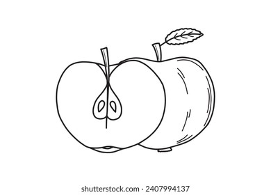 Apfel und Apfel, handgezeichnet. Bio gesunde Lebensmittel. Vektorgrafik einzeln auf weißem Hintergrund