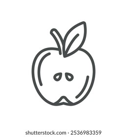 Icono de la mitad de Apple. Ilustración de línea simple de una manzana en rodajas, que representa frutas frescas, nutrición y opciones de alimentos saludables.
