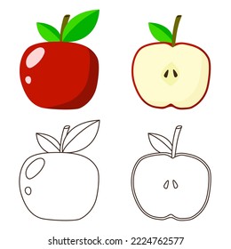 Apfel und die Hälfte davon, Vektorgrafik. rotes und einfaches Rahmenbild
