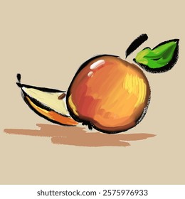 An apple and half painted with oil texture. Hand draw. Vector, isolated. Artistic, simple and modern.