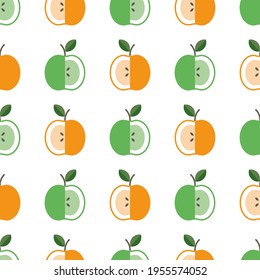 Apple half and whole background. Vector illustration. Textile yellow and green fruits pattern.