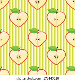 Apple halves heart shaped on the background of strips. Cartoon  ornament, Retro style. Vector seamless pattern ,background, packing,Wallpaper,fabric,children's figure. Pastel colors.