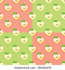 Apple halves heart shaped on the polka dot background .Seamless pattern set.Retro style. Cartoon  ornament, background, packing,Wallpaper,fabric,children's figure,baby fashion. Pastel colors.
