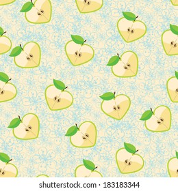 Apple halves heart shaped on flowers background .Seamless pattern set.Retro style. Cartoon  ornament, background, packing,Wallpaper,fabric,children's figure,baby fashion. Pastel colors.