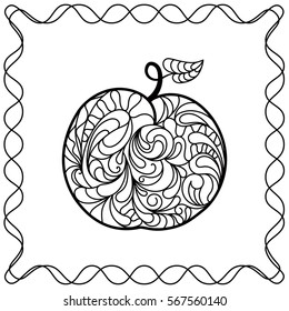 Apple hand drawing filled with decorative ornamental pattern in doodle style. Contour black and white illustration isolated on white background