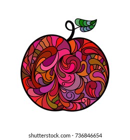 Apple hand drawing filled with decorative ornamental pattern in doodle style. Colorful  illustration isolated on white background