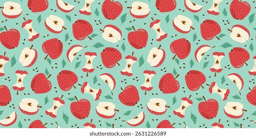 Maçã, fruta desenhada à mão. Padrão perfeito. Conjunto de fatias e frutos inteiros com folhas. Vitamina comida vegetariana natural, colheita de jardim. Desenho, ilustração plana, plano de fundo repetitivo.