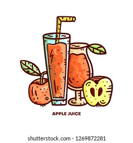 Apple hand drawn colored art. Doodle style vector illustration. Friut cocktail and juice concept