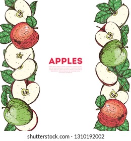Apple hand drawn illustration. Red and green vector illustration. Apple and leaf design. Colorful frame. 
