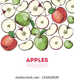 Apple hand drawn illustration. Red and green vector illustration. Apple and leaf design. Colorful frame. 