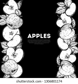 Apple hand drawn illustration. Apple sketch vector illustration. Apple and leaf design. Vintage frame.