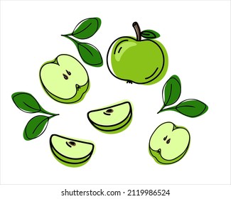 Apfelhandgezeichnet. Voller und geschnittener Obst. Vektorgrafik im Doodstil