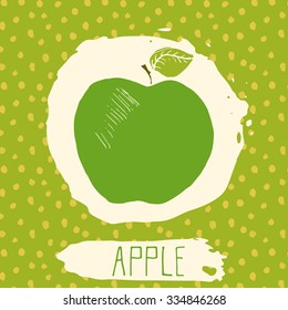 Apple hand drawn sketched fruit with leaf on blue background with dots pattern. Doodle vector apple for logo, label, brand identity.